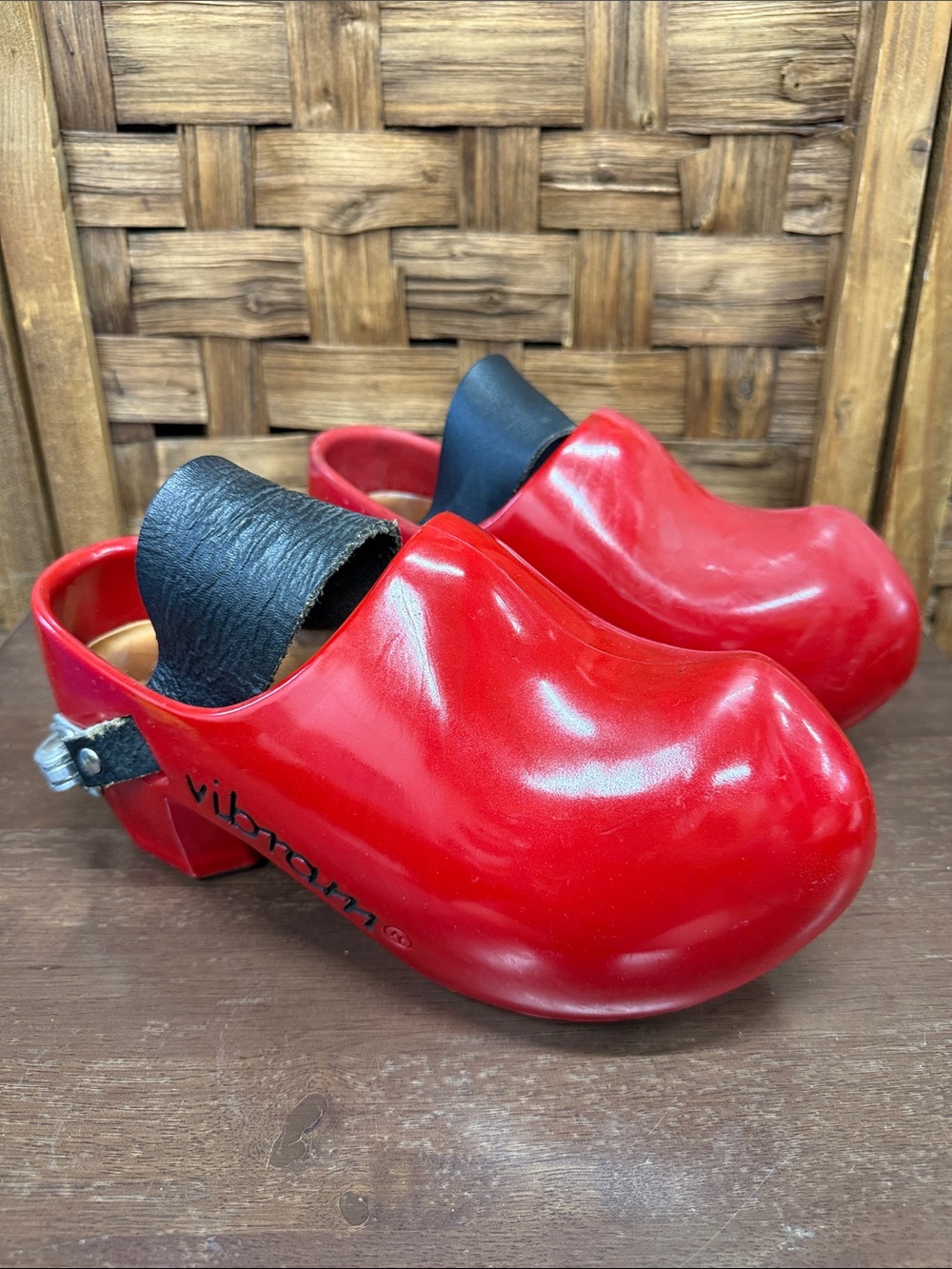 Rare Original Vintage Vibram Plastic Red Clog-Style Shoes with Black Strap